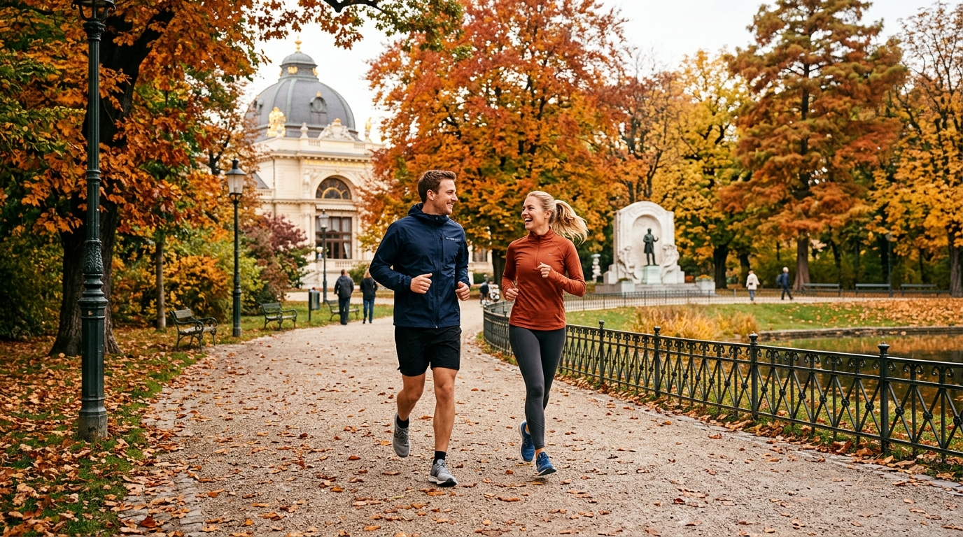 Paar joggt gemeinsam in einem Wiener Park